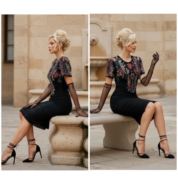 Vintage Black Beaded Sequin Cocktail Dress | Floral Art Deco Embellished Sheath - Picture 4 of 16